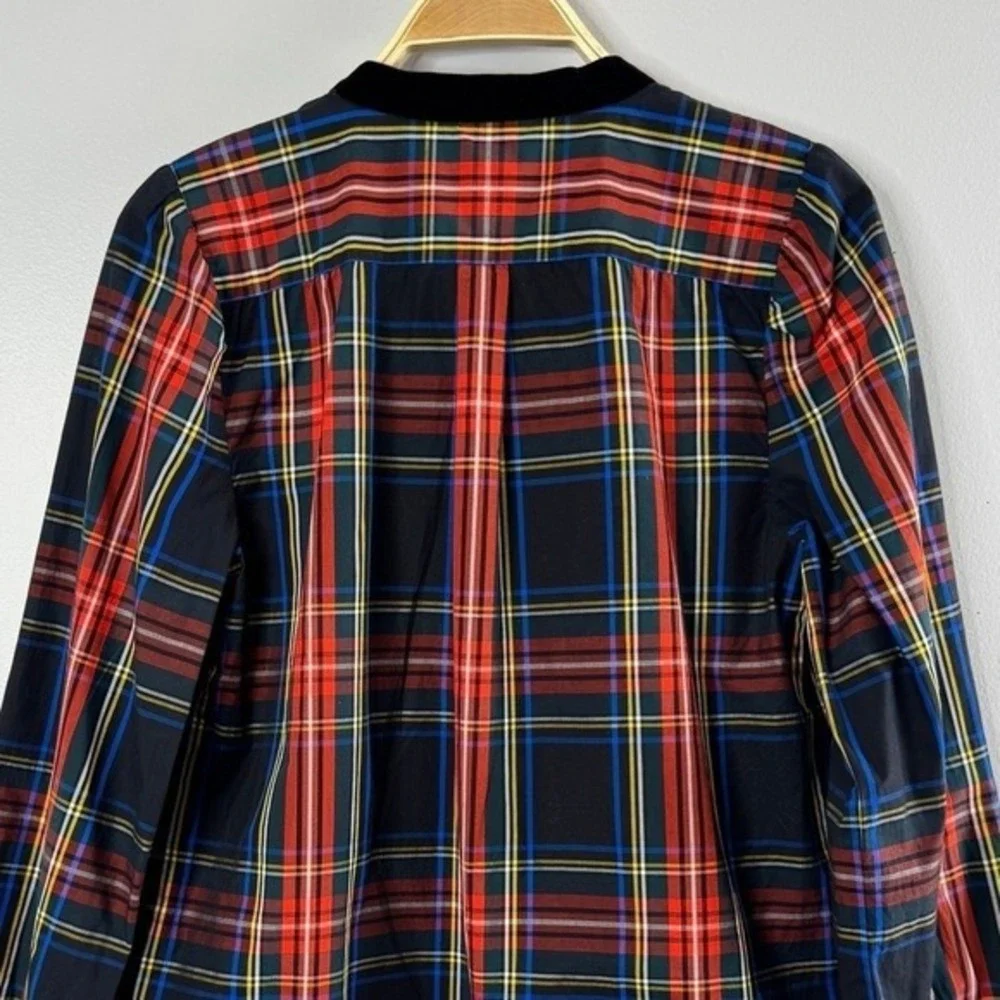 J.Crew‎ Plaid Tunic Top Small Black Red Velvet Trim Long Sleeve Preppy Classic